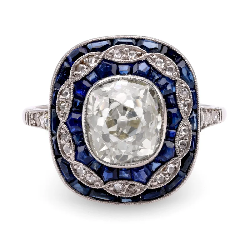 men’s titanium ring -Art Deco Inspired 2.24 Carat Old Mine Diamond Sapphire Platinum Dinner Ring