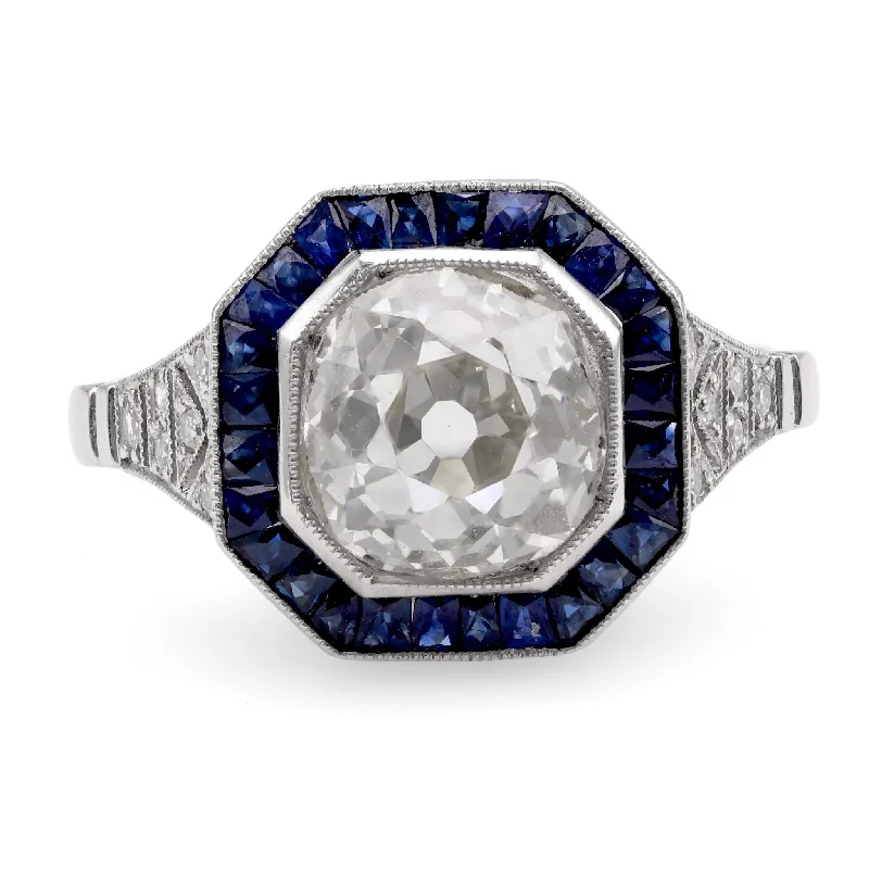 men’s rose gold ring -Art Deco Inspired 2.49 Carat Old Mine Diamond Sapphire Platinum Halo Ring