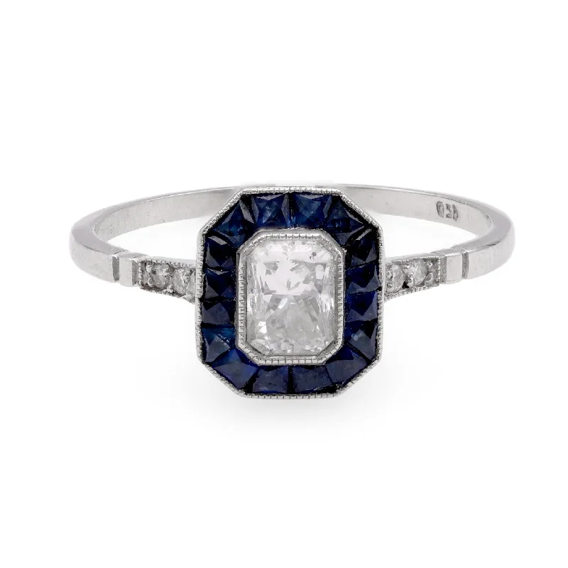 round cut diamond ring for women -Art Deco Inspired .47 Carat Diamond Sapphire Platinum Ring