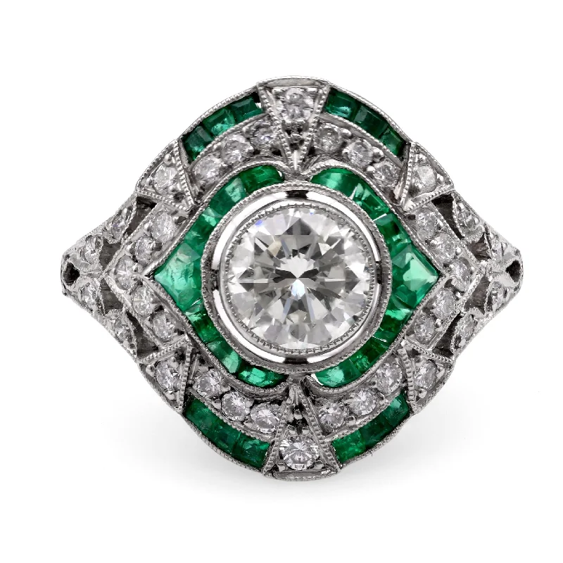 wedding ring with diamond accents -Art Deco Inspired .83 Carat Diamond Emerald Platinum Ring