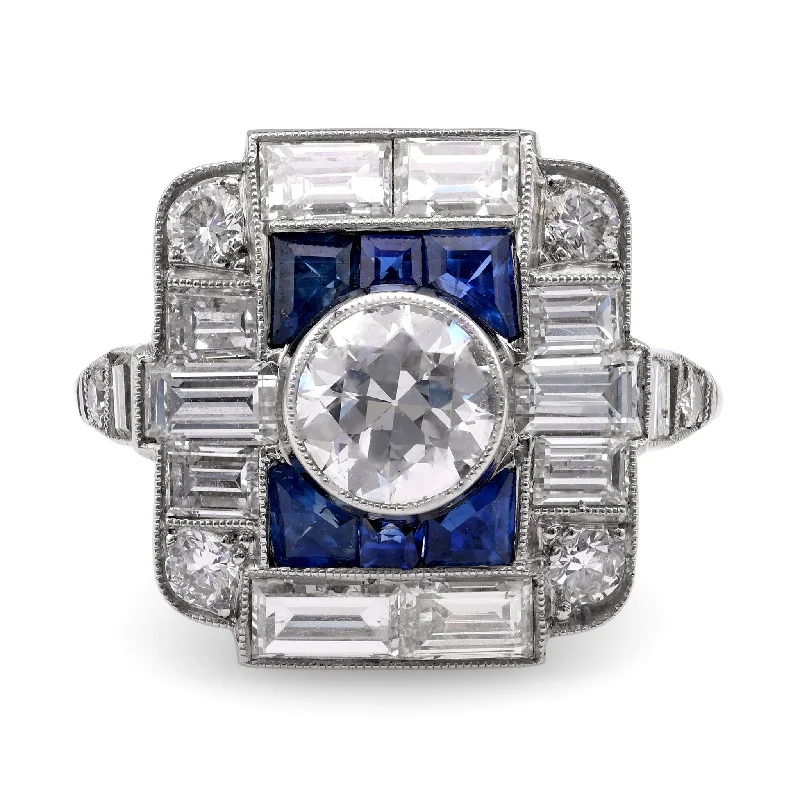 jade ring for women -Art Deco Inspired .89 Carat Diamond Sapphire Platinum Cocktail Ring