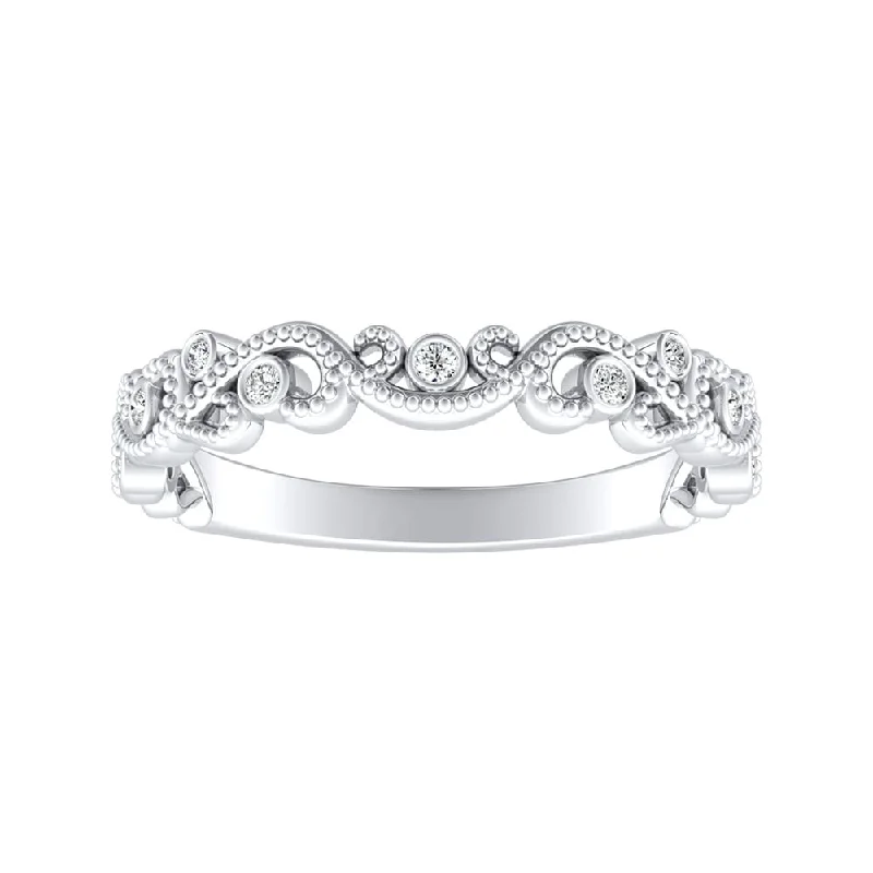 silver engagement ring for women -Auriya 0.06ctw Vintage Carved Stackable Diamond Wedding Band Platinum