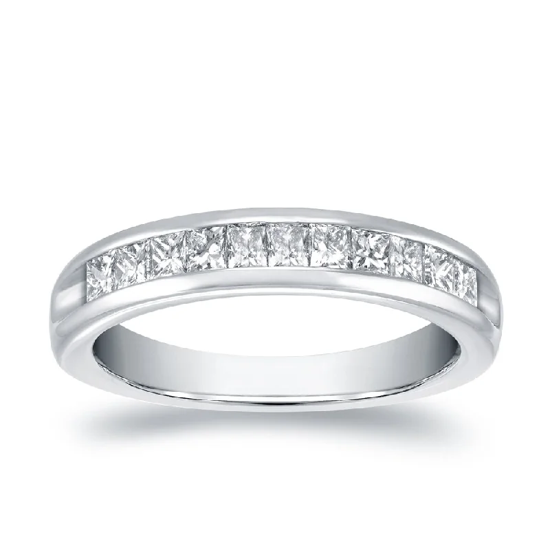 men’s white gold wedding band -Auriya 3/4ct TDW Princess-Cut Channel Diamond Wedding Band 18k White Gold