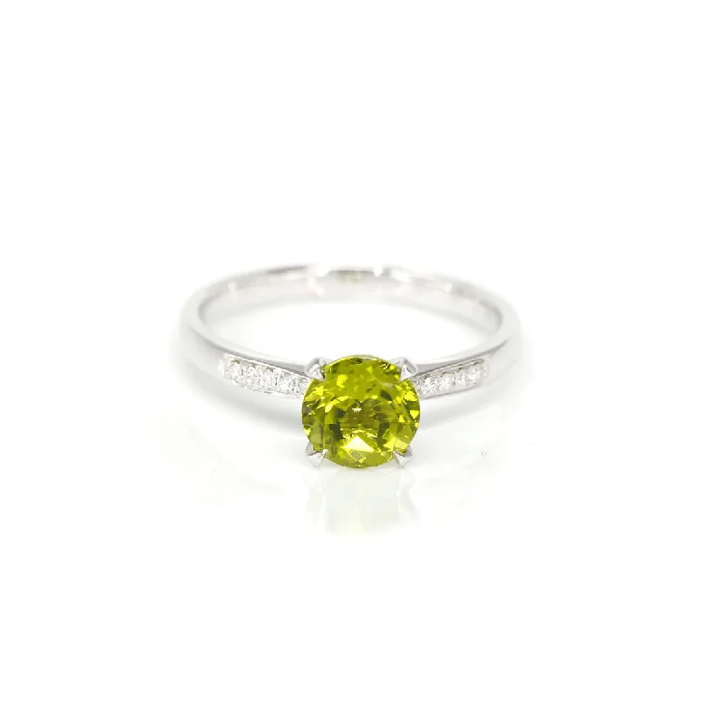 vintage diamond ring for women -Baikalla™ 14k White Gold Natural Round Brilliant Peridot Diamond Anniversary Ring #R13