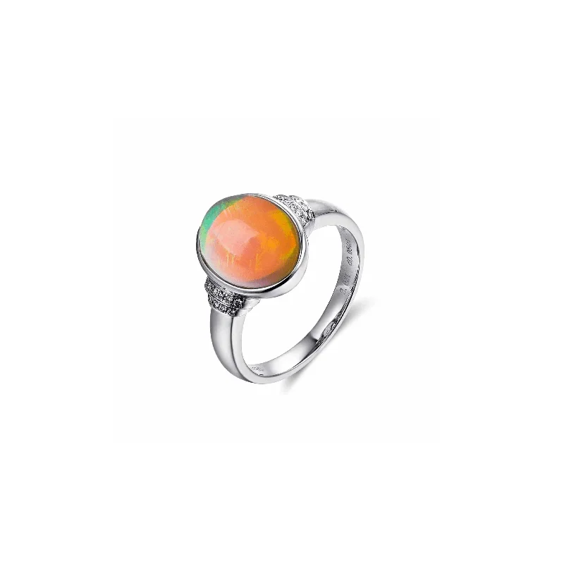 platinum wedding ring for women -Baikalla™ "Caroline" 18k gold Genuine Cabochon Ethiopian opal Ring w/ Diamonds