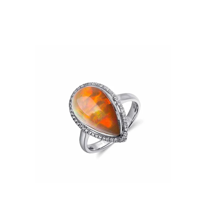 oval diamond ring for women -Baikalla™ "Louise" 18k Gold Pear Shape Ethiopian Opal Ring w/ Diamonds