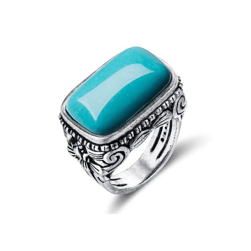 emerald cut ring for women -Baikalla™ "Turquoise filigree" Sterling Silver Genuine Well Persian Blue Arizona Turquoise Ring