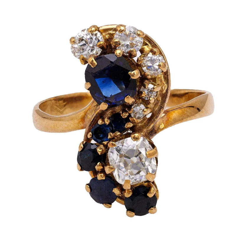 black diamond ring for women -Belle Époque French Diamond and Sapphire 18k Yellow Gold Toi et Moi Ring