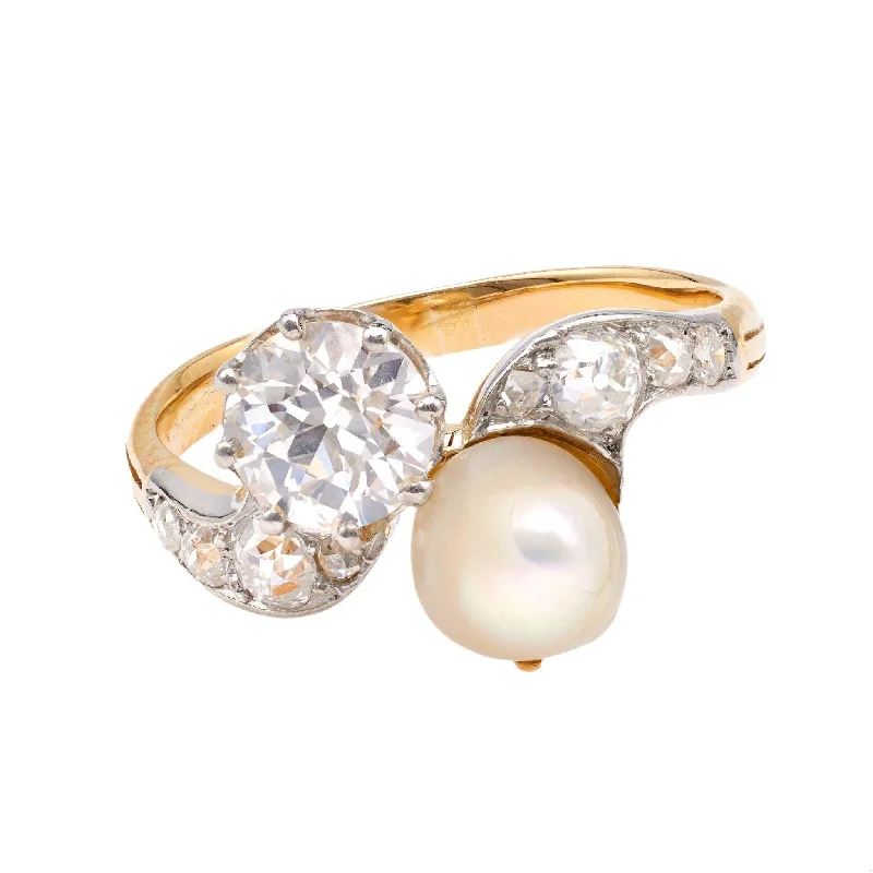 black diamond ring for women -Belle Époque French GIA 0.82 Carat Diamond and Pearl Toi et Moi 18k Yellow Gold