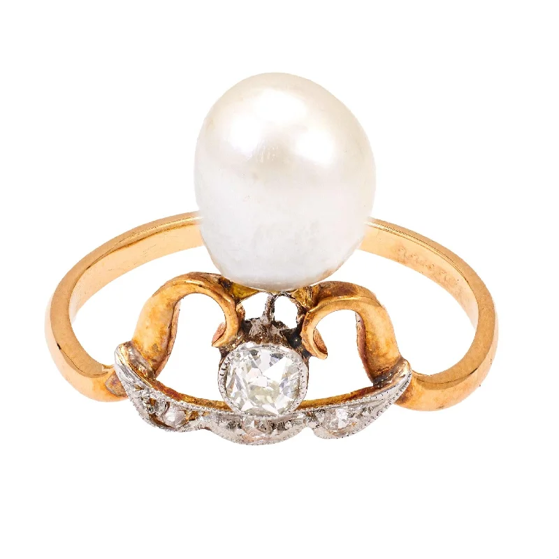 silver band ring for men -Belle Époque French Pearl and Diamond 18k Yellow Gold Platinum Tiara Ring