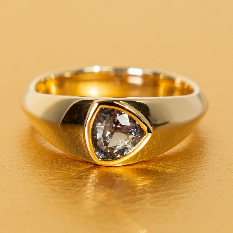 simple gold wedding band -Color-Change Trillion Garnet Signet Ring in 14k Yellow Gold