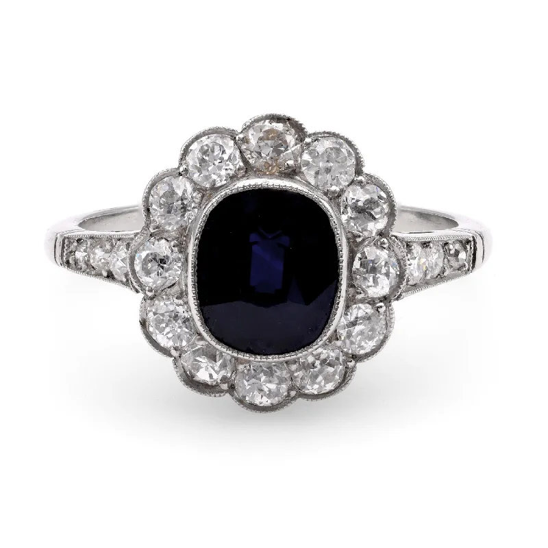 floral engagement ring for women -Edwardian Inspired 2.06 Carat Cushion Cut Sapphire Diamond Platinum Cluster Ring