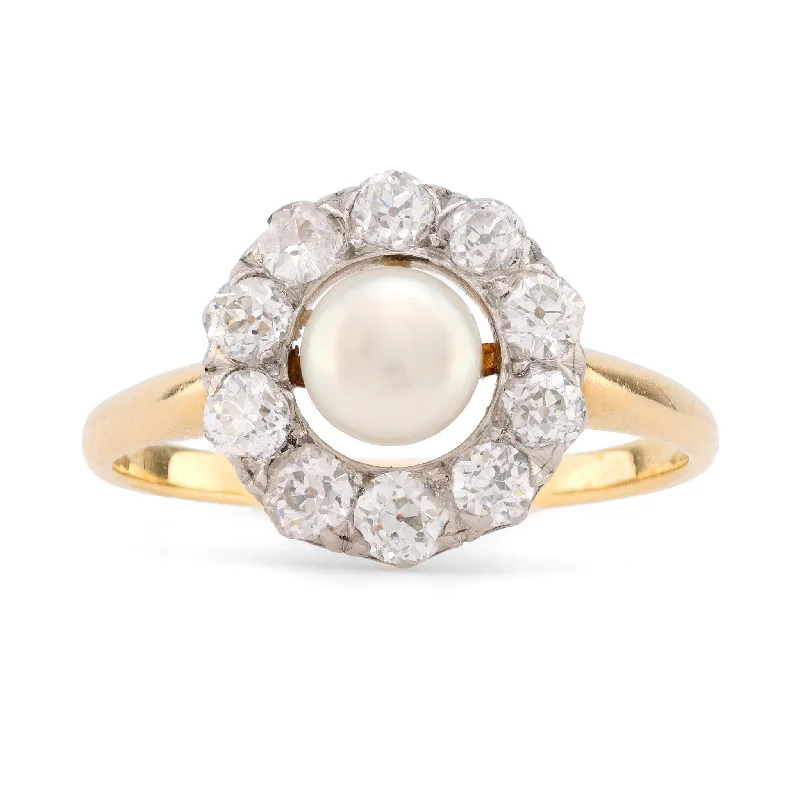 men’s platinum ring for wedding -Edwardian Pearl Diamond 18K Yellow Gold Cluster Ring