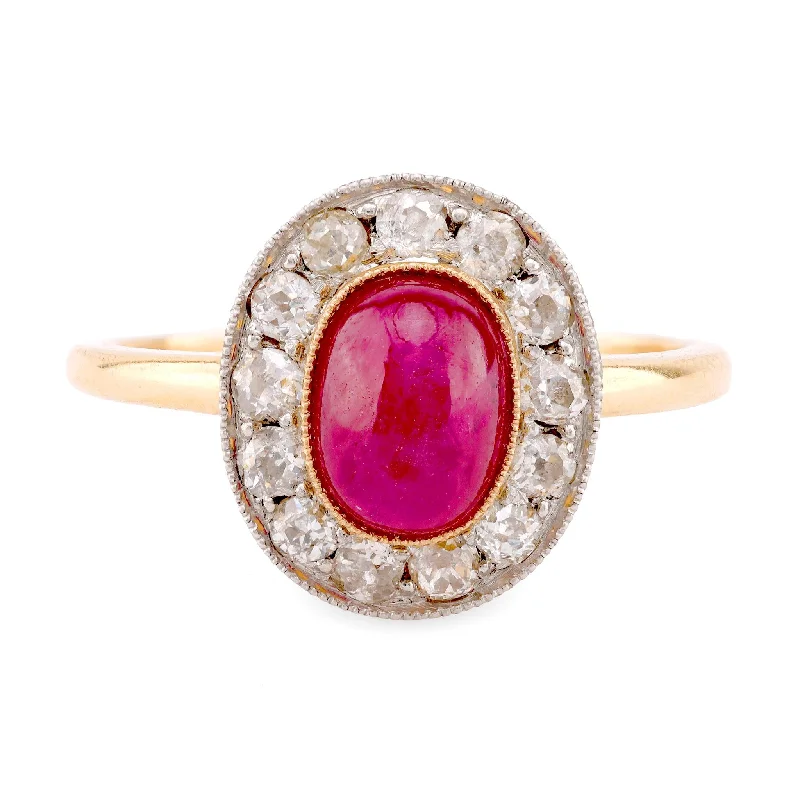 eternity diamond ring for women -Edwardian Style Ruby Diamond 18K Yellow Gold Cluster Ring