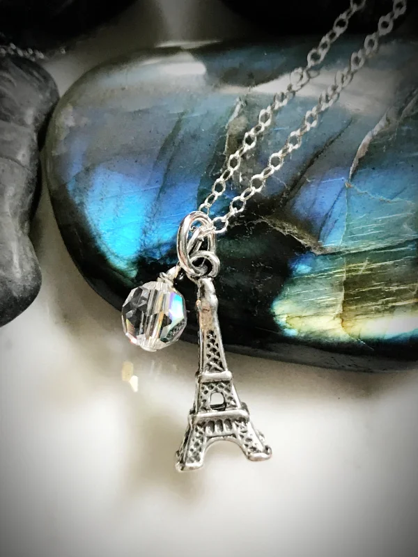 silver pendant necklace for women -Eiffel Tower & Crystal Charm Necklace