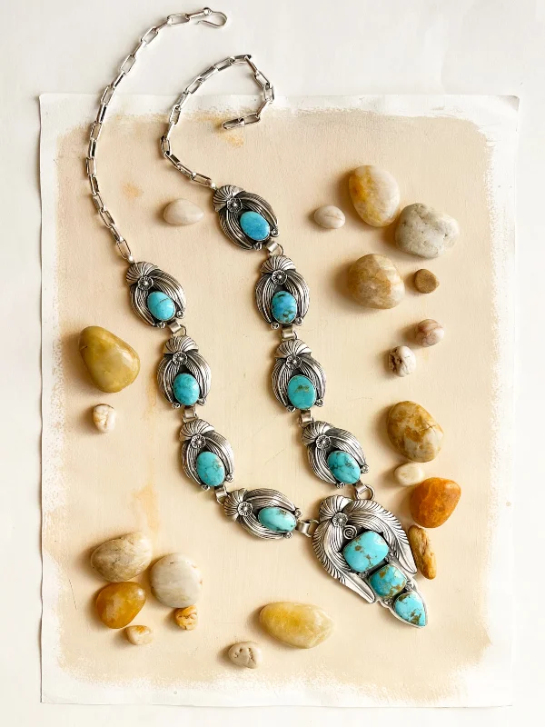 trendy layered necklace for women -Feather Framed Turquoise Statement Necklace