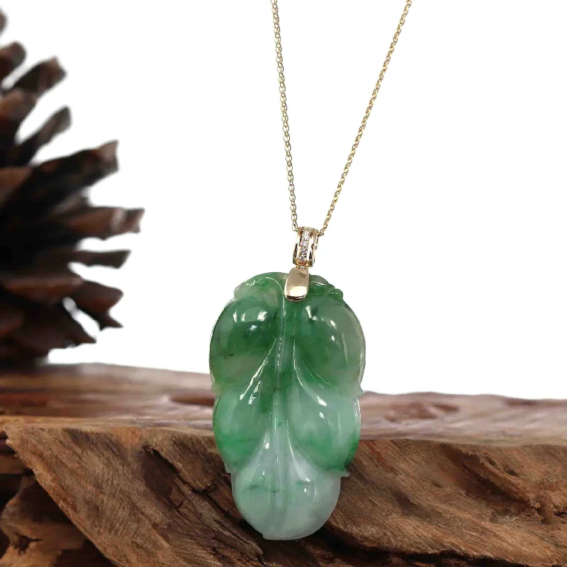 simple gold pendant necklace -Genuine Green Jadeite Jade Leaf Necklace With VSI Diamond Gold Bail