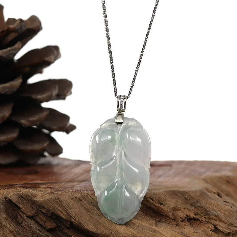 custom initial pendant necklace for women -Genuine Ice Jadeite Jade Jin Zhi Yu Ye (Leaf) Necklace With White Gold VSI Diamond Bail