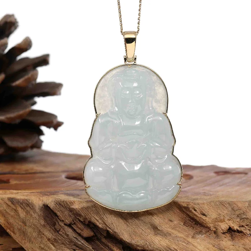 crystal heart necklace for women -"Goddess of Compassion" 14k Yellow Gold Genuine Burmese Jadeite Jade Guanyin Necklace