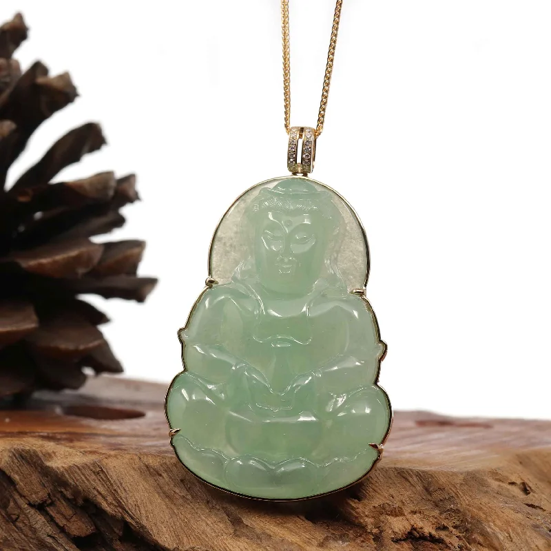 turquoise necklace for women -" Goddess of Compassion" 14k Yellow Gold Genuine Burmese Jadeite Jade Guanyin Necklace With Good Luck Design