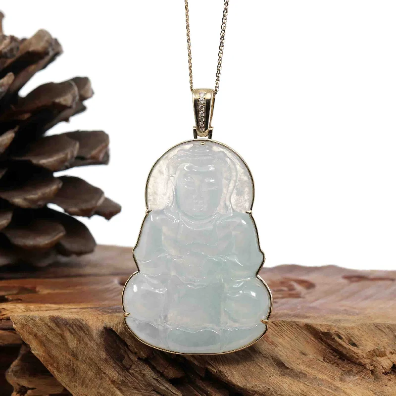 minimalist pendant necklace for women -"Goddess of Compassion" 14k Yellow Gold Genuine Burmese Jadeite Jade Guanyin Necklace