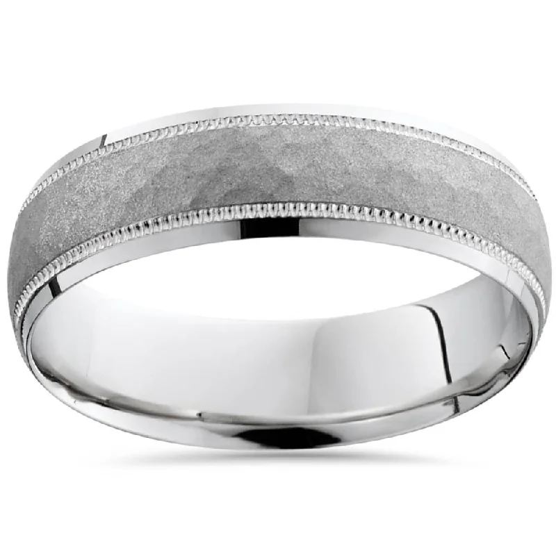 custom sterling silver ring for men -Hammered Wedding Band 14K White Gold Size Selectable