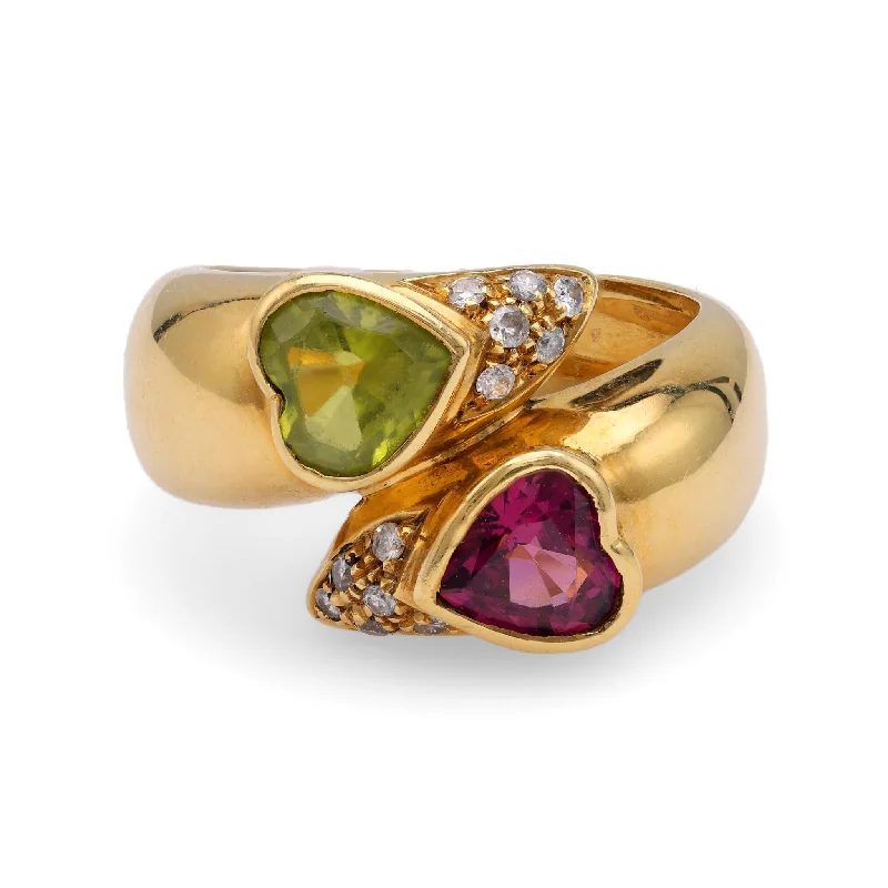 multi-stone ring for women -Heart Shaped Peridot and Rubellite Diamond Yellow Gold Bypass Ring