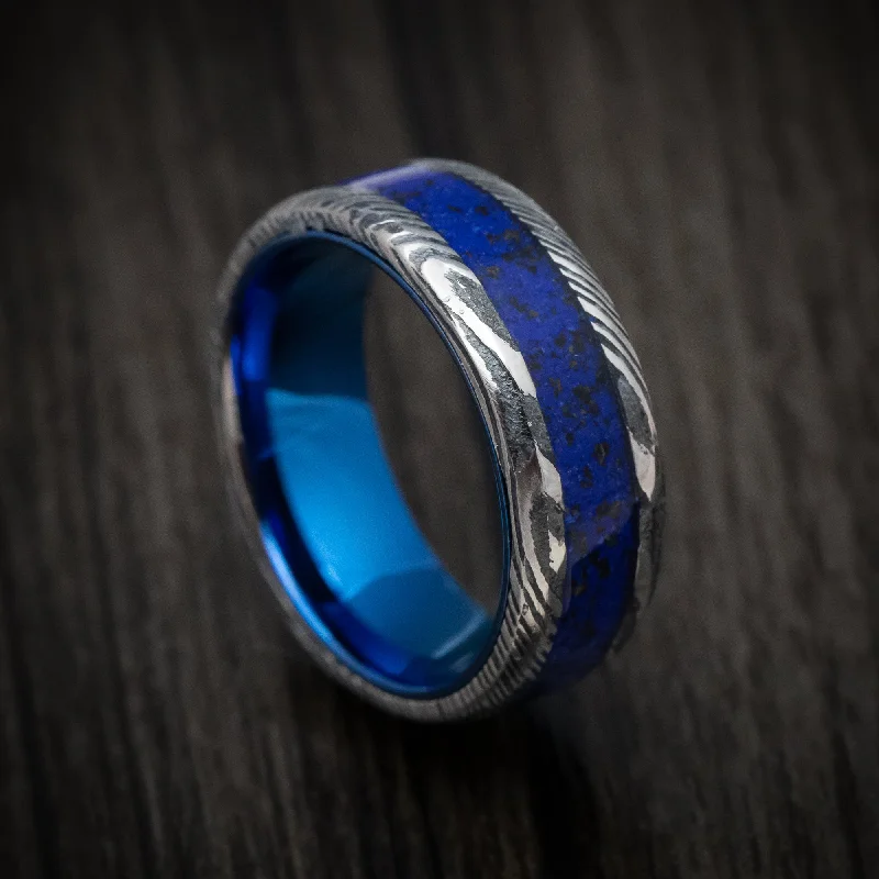 silver band ring for men -Kuro Damascus Steel with Anodized Sleeve and Custom Dinosaur Bone and Stone Inlay