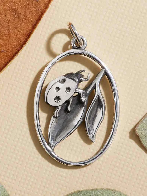 dainty silver necklace for layering -Ladybug on Leaf Necklace