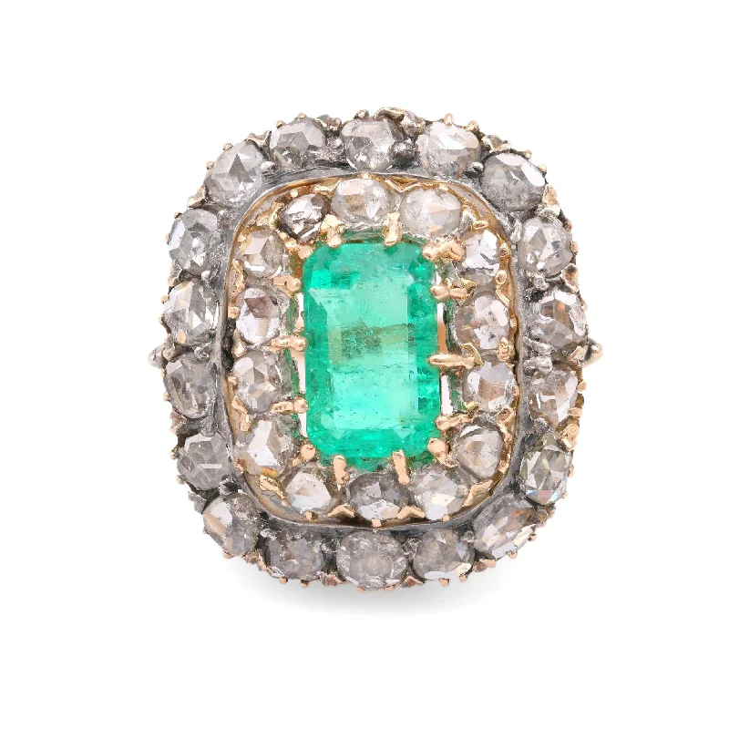 sapphire and diamond ring for women -Late Victorian GIA Colombian Emerald Diamond Yellow Gold Cocktail Ring