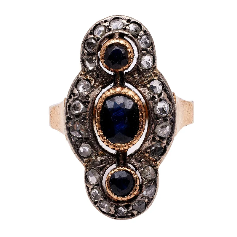 silver engagement ring for women -Late Victorian Sapphire Diamond 18k Yellow Gold Silver Navette Ring