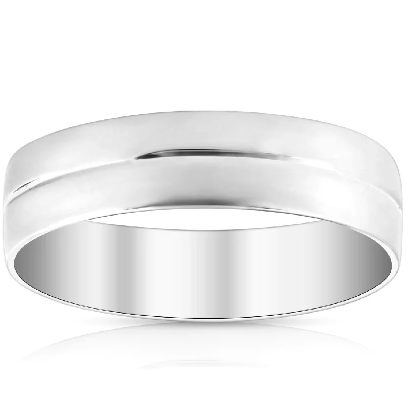 silver band ring for men -Mens 10k White Gold 6MM Polished Dome Carved Wedding Band Comfort Fit Ring