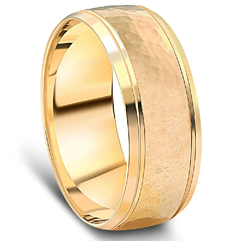 oval diamond ring for women -Men's 8mm 14k Yellow Gold Ring Hammered Beveled Edge Wedding Band