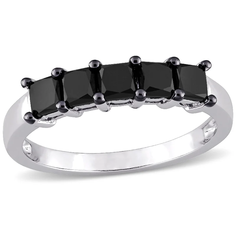 jade ring for women -Miadora 1 1/4ct TDW Princess-Cut Black Diamond 5-Stone Semi-Eternity Band Ring in 10k White Gold