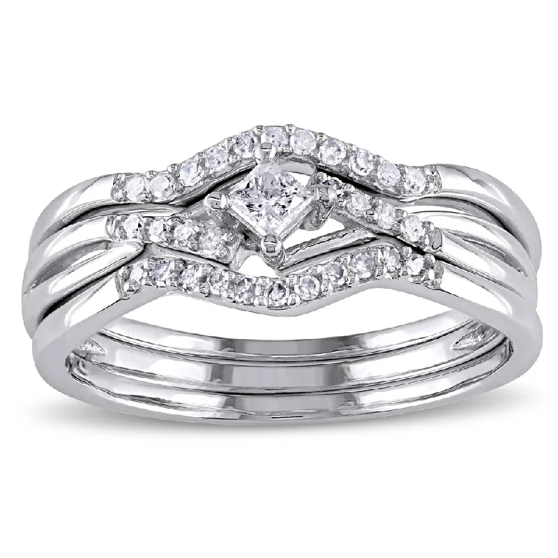 men’s engraved ring for gifts -Miadora 1/4ct TDW Princess and Round-Cut Diamond Crossover 3-Piece Bridal Set in 10k White Gold