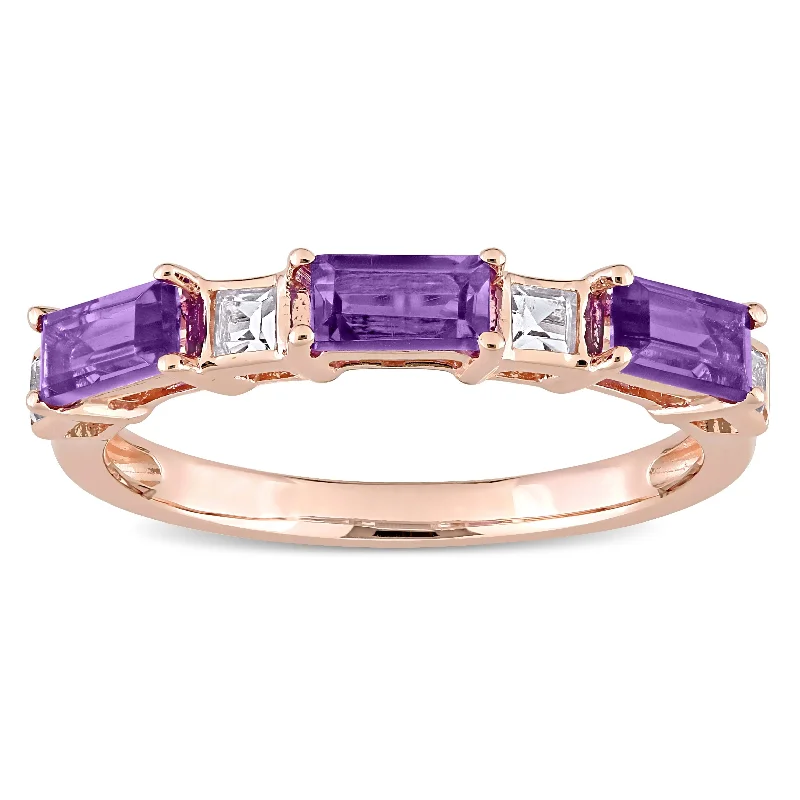 platinum wedding ring for women -Miadora 10k Rose Gold Baguette & Square Amethyst & White Topaz Stackable Eternity Wedding Band Ring