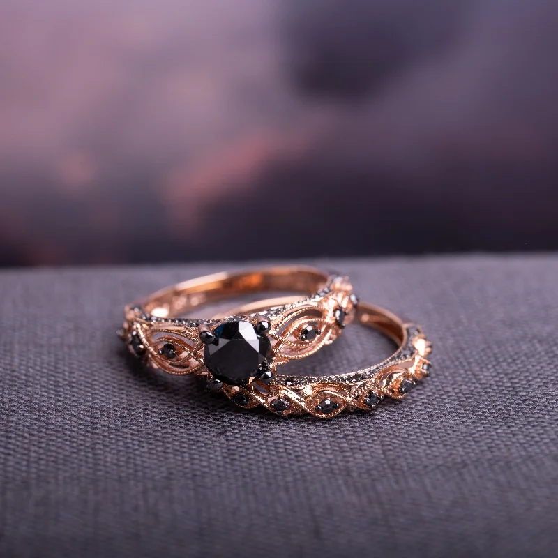 custom designed engagement ring -Miadora 10k Rose Gold with Black Rhodium 1 3/8ct TDW Black Diamond Infinity Bridal Set