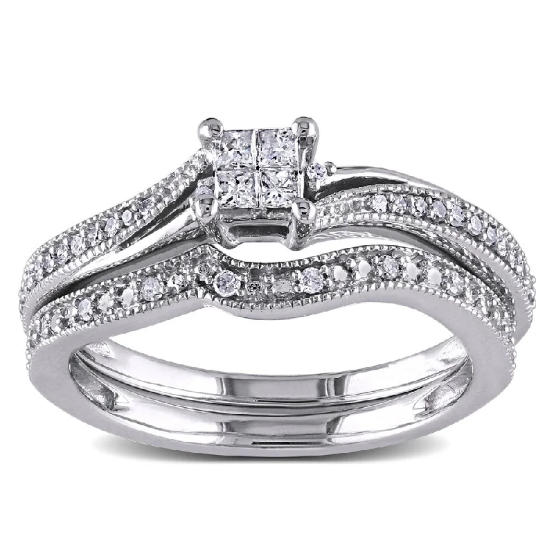 silver wedding band for men -Miadora 10k White Gold 1/4ct TDW Diamond Princess-cut Bridal Ring Set