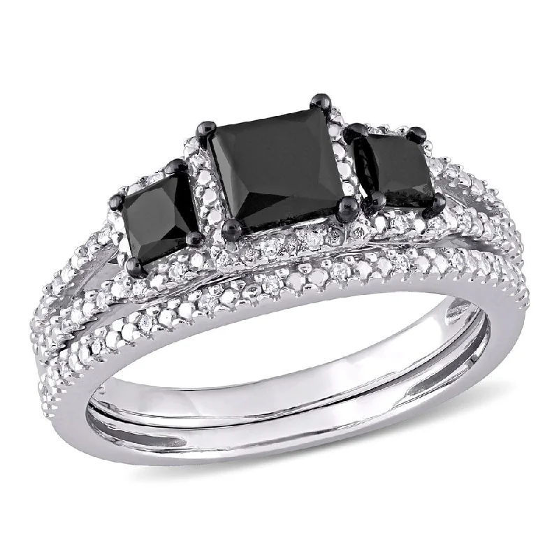 men’s titanium engagement ring -Miadora 10k White Gold 1 5/8ct TDW Princess-cut Black and White Diamond 3-Stone Bridal Ring Set