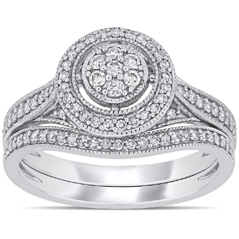 men’s engraved ring for gifts -Miadora 10k White Gold 2/5ct TDW Diamond Floral Cluster Halo Bridal Ring Set