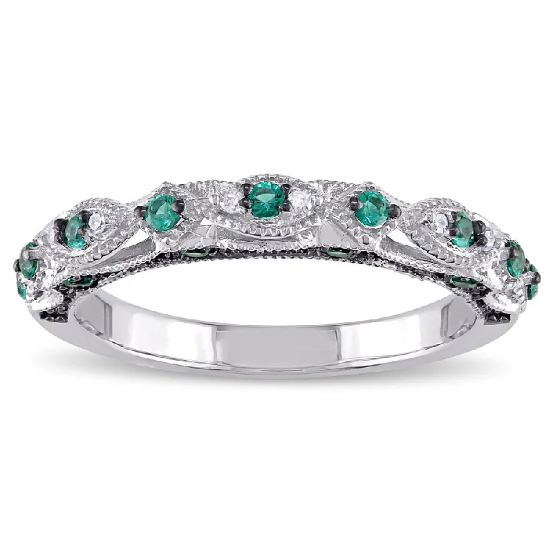 antique engagement ring for women -Miadora 10k White Gold Created Emerald and Diamond Accent Vintage Anniversary Ring - Green