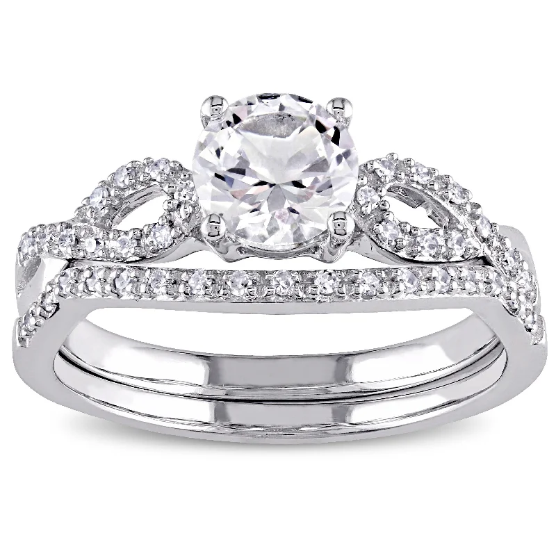 personalized promise ring for couples -Miadora 10k White Gold Created White Sapphire and 1/6ct TDW Diamond Bridal Set