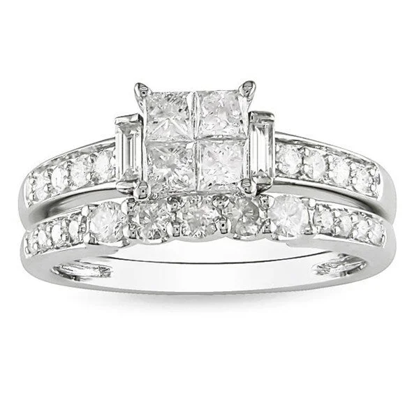 wedding ring with side stones -Miadora 14k Gold 1ct TDW Diamond Princess-cut Bridal Set (G-H, I1-I2)