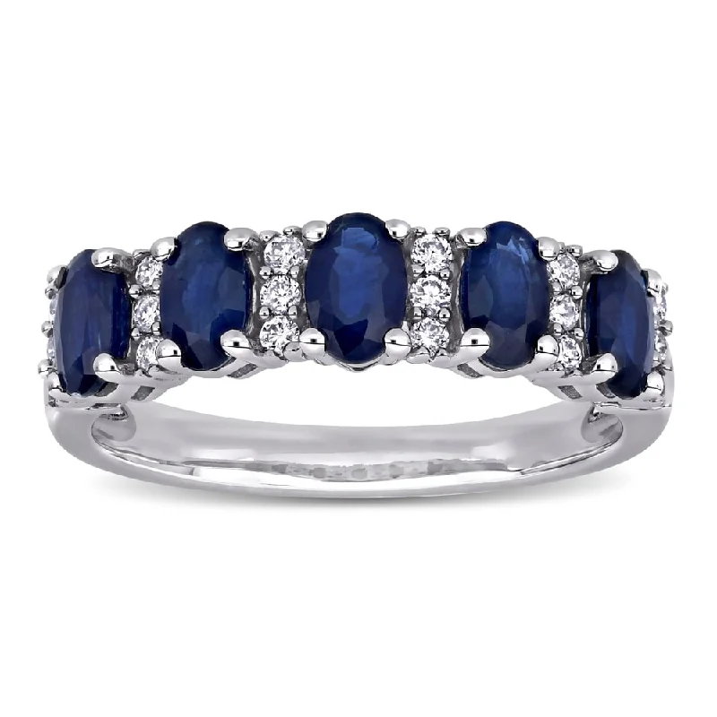 luxury wedding ring for women -Miadora 14k White Gold Oval-Cut Blue Sapphire and 1/6ct TDW Diamond Anniversary Band