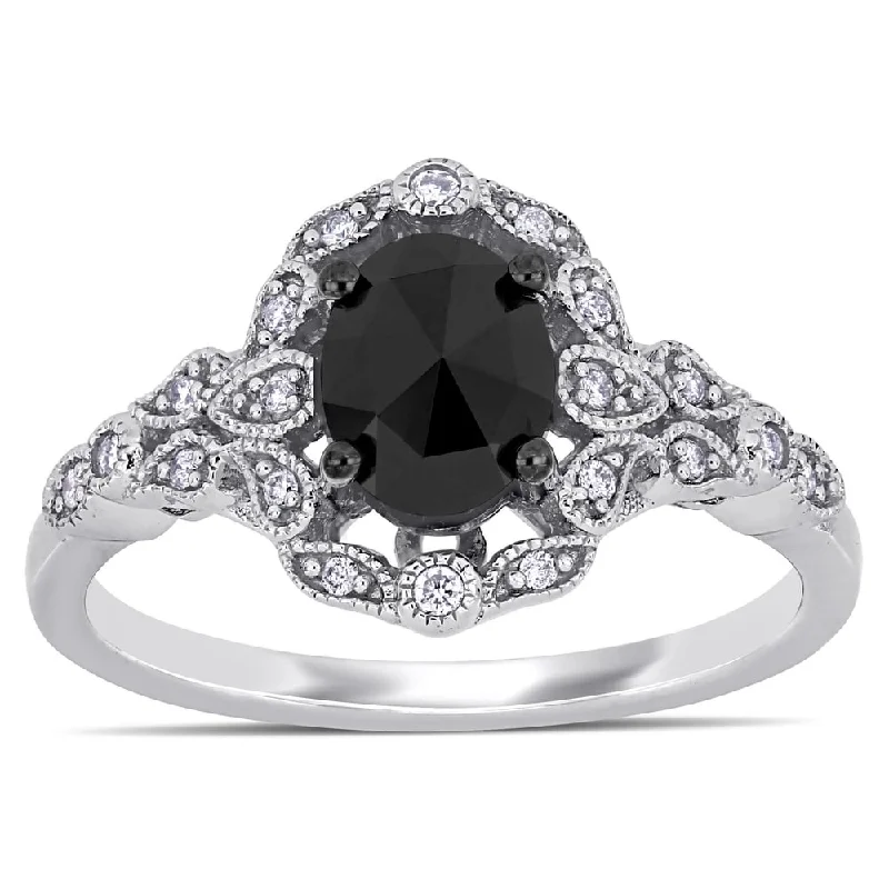 vintage diamond wedding ring -Miadora 14k White Gold with Black Rhodium 1ct TDW Black and White Diamond Halo Ring