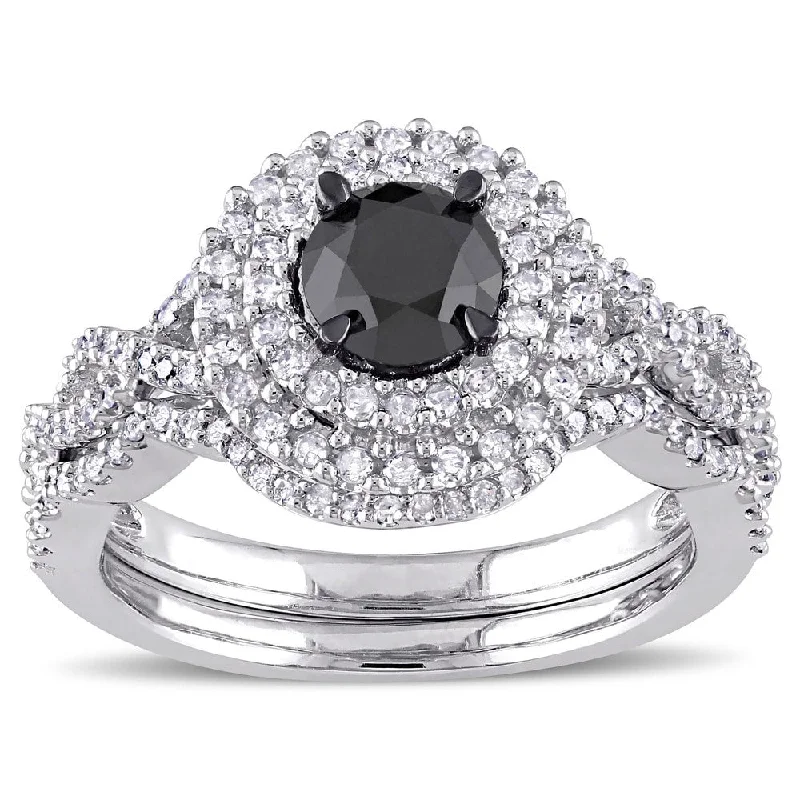 infinity wedding ring for women -Miadora Signature Collection 10k White Gold 1 1/2ct TDW Black and White Diamond Double Halo Bridal R