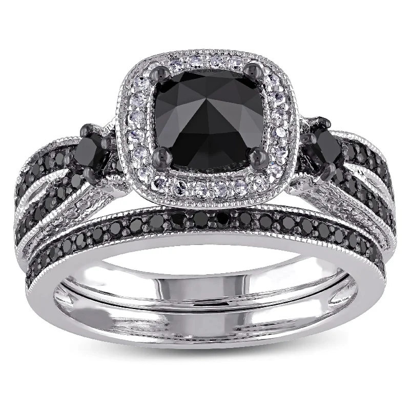 diamond solitaire ring for women -Miadora Signature Collection Sterling Silver with Black Rhodium 1 1/2ct TDW Black and White Diamond Split Shank Bridal Ring Set