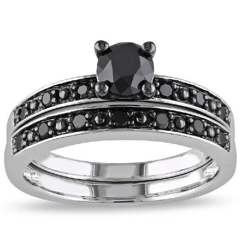 antique engagement ring for women -Miadora Silver and Black Rhodium-plated 1 CT Black Diamond TW Bridal Set Ring