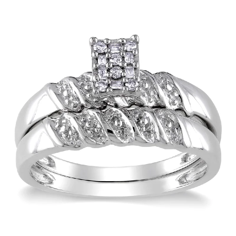 custom engraved ring for men -Miadora Sterling Silver 1/10ct TDW Baguette and Round-cut Diamond Cluster Bridal Ring Set