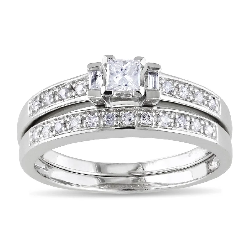 personalized promise ring for couples -Miadora Sterling Silver 1/3ct TDW Princess, Baguette and Round-cut Diamond Bridal Ring Set